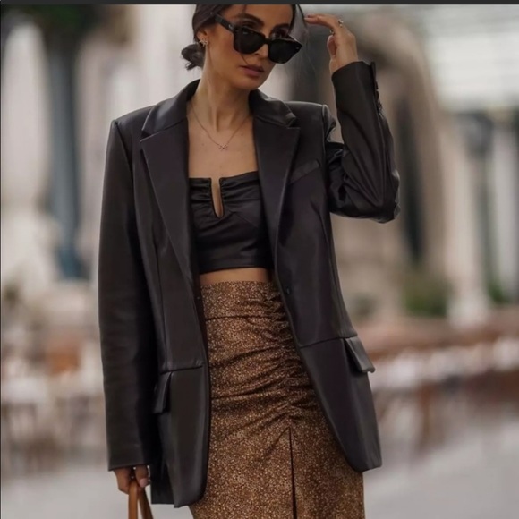 FAUX LEATHER MENSWEAR STYLE BLAZER - Picture 1 of 14